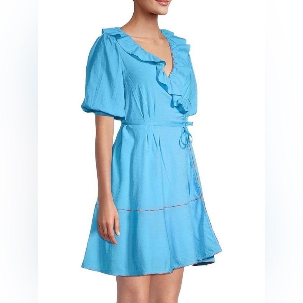 Roller Rabbit Blue Ruffle Wrap Dress Women’s Sz Large Short Sleeve Mini Pockets - Picture 6 of 14